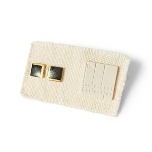 Tiny Square Porcelain Stud Earrings in Metallic Black Glaze with Gold Corner Design – Geometric Porcelain Jewelry