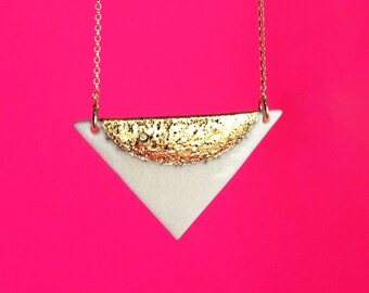 Porcelain Triangle Necklace in Crackled White Glaze with Textured Gold Half Moon Accent - Geometric Ceramic Jewelry