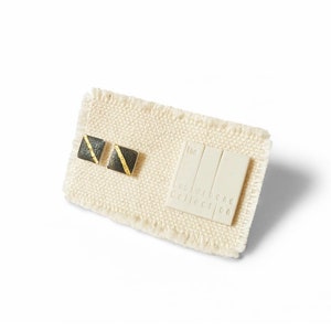 Tiny Square Porcelain Stud Earrings in Metallic Black Glaze with Gold Diagonal Line Design – Geometric Porcelain Jewelry