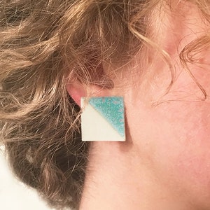 Oversized Statement Porcelain Stud Earrings in Mottled Turquoise and Crackle White Glaze - Geometric Ceramic Jewelry