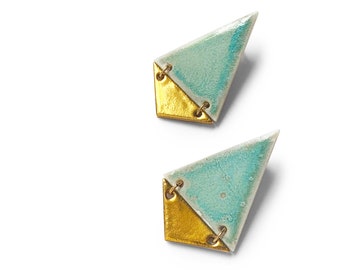 Two Tier Porcelain Statement Stud Earrings in Light Turquoise Glaze with Gold Accents - Geometric Ceramic Jewelry