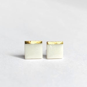 Pick Your Color Tiny Square Porcelain Stud Earrings with a Gold Line Design Geometric Ceramic Jewelry White