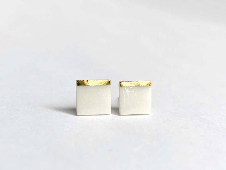Pick Your Color Tiny Square Porcelain Stud Earrings with a Gold Line Design Geometric Ceramic Jewelry White