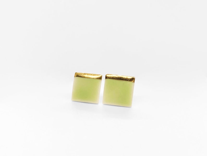 Pick Your Color Tiny Square Porcelain Stud Earrings with a Gold Line Design Geometric Ceramic Jewelry Spring Green