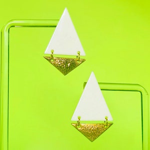 Hinged Porcelain Statement Stud Earrings in White Crackle Glaze with Gold Accents - Geometric Ceramic Jewelry