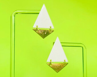 Hinged Porcelain Statement Stud Earrings in White Crackle Glaze with Gold Accents - Geometric Ceramic Jewelry