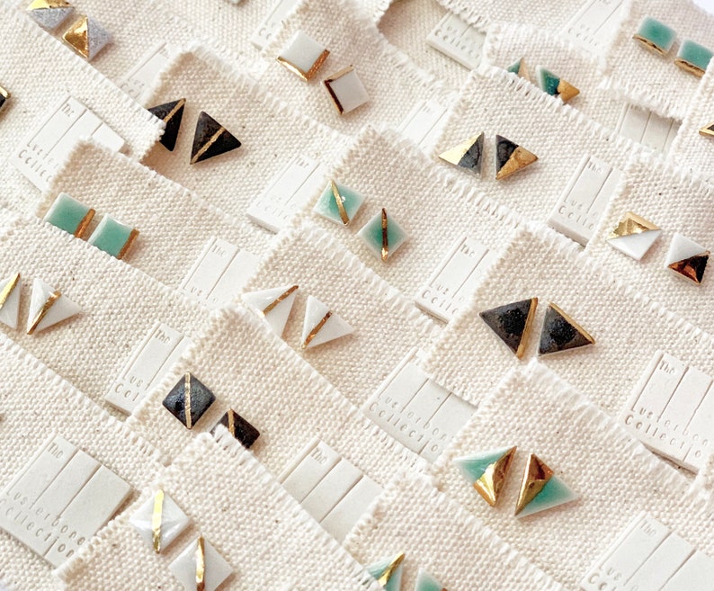 Pick Your Color Tiny Square Porcelain Stud Earrings with a Gold Line Design Geometric Ceramic Jewelry image 7