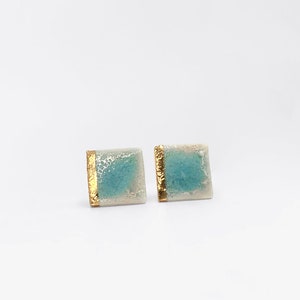 Pick Your Color Tiny Square Porcelain Stud Earrings with a Gold Line Design Geometric Ceramic Jewelry Pale Turquoise