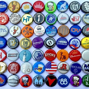 May include: A collection of colorful beer bottle caps, each with a unique design and brand logo. The caps feature various colors, logos, and text, showcasing a variety of breweries and beer brands. The collection includes caps from Bud Light, Coors Light, and more.