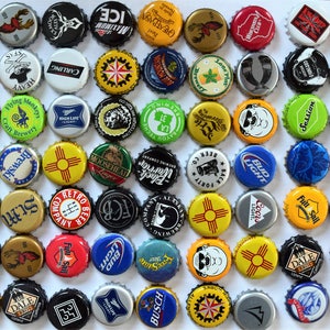 May include: A collection of 50 colourful bottle caps with various logos and designs. The bottle caps are arranged in a grid pattern on a white background.