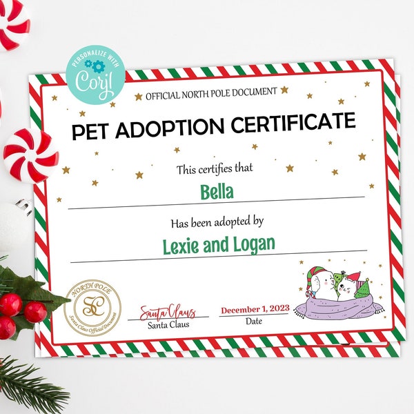 Santa's Official Pet Adoption Certificate. Adopt a Pet on Christmas. Adopt a real pet or a plush toy. Pet Adoption Certificate.