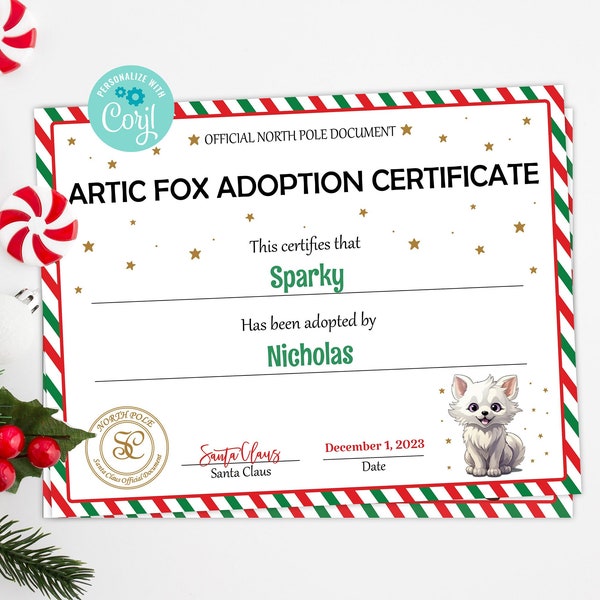 Santa's Official Artic Fox Adoption Certificate. Adopt an Artic Fox. Pet Adoption Certificate. Artic Fox Adoption Certificate