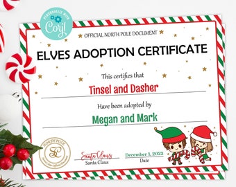 Santa's Official Elves Adoption Certificate. Adopt Elves. Boy Girl Elf Adoption Certificate.