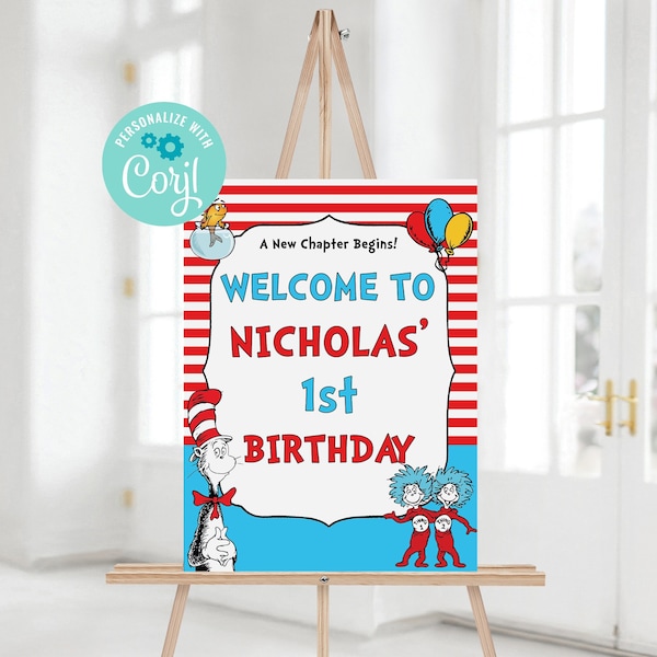 Cat Hat Welcome Sign 16x20 Birthday Party Instant Digital Download - Cat Hat Birthday Welcome Sign