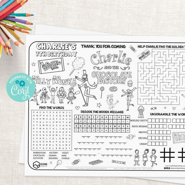 Charlie and the Chocolate Factory Activity Sheet. Willy Wonka Placemat Coloring Page. Party favors.