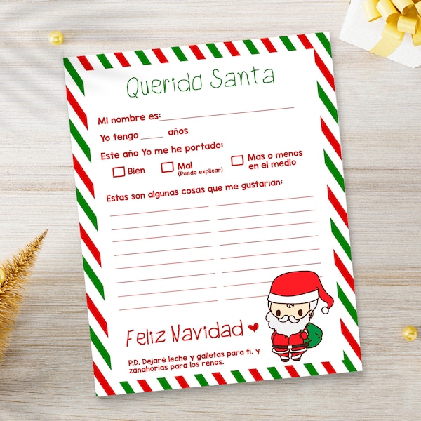 Carta Querido Santa, Lista de deseos, Lista de Navidad para imprimir, descarga instantánea imprimible, niño bueno o travieso, San Nicolas