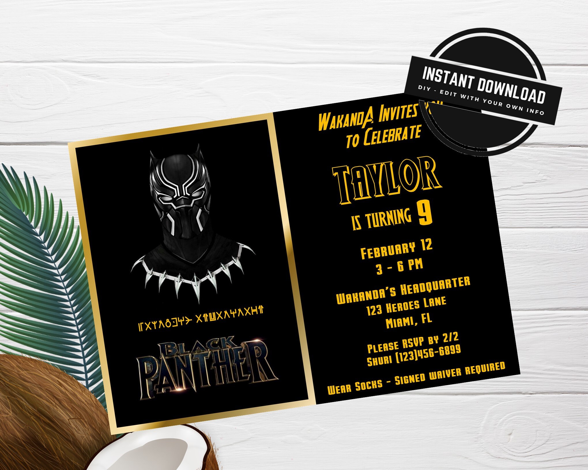 Black Panther Wakanda Birthday Party Invitation Instant Digital