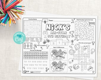 Sports Activity Sheet for Birthday Party or other Events | Sports Party Favor | Sports Placemat | Sports Games and Coloring Page