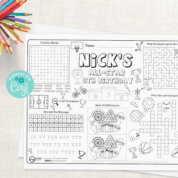 Sports Activity Sheet for Birthday Party or other Events | Sports Party Favor | Sports Placemat | Sports Games and Coloring Page