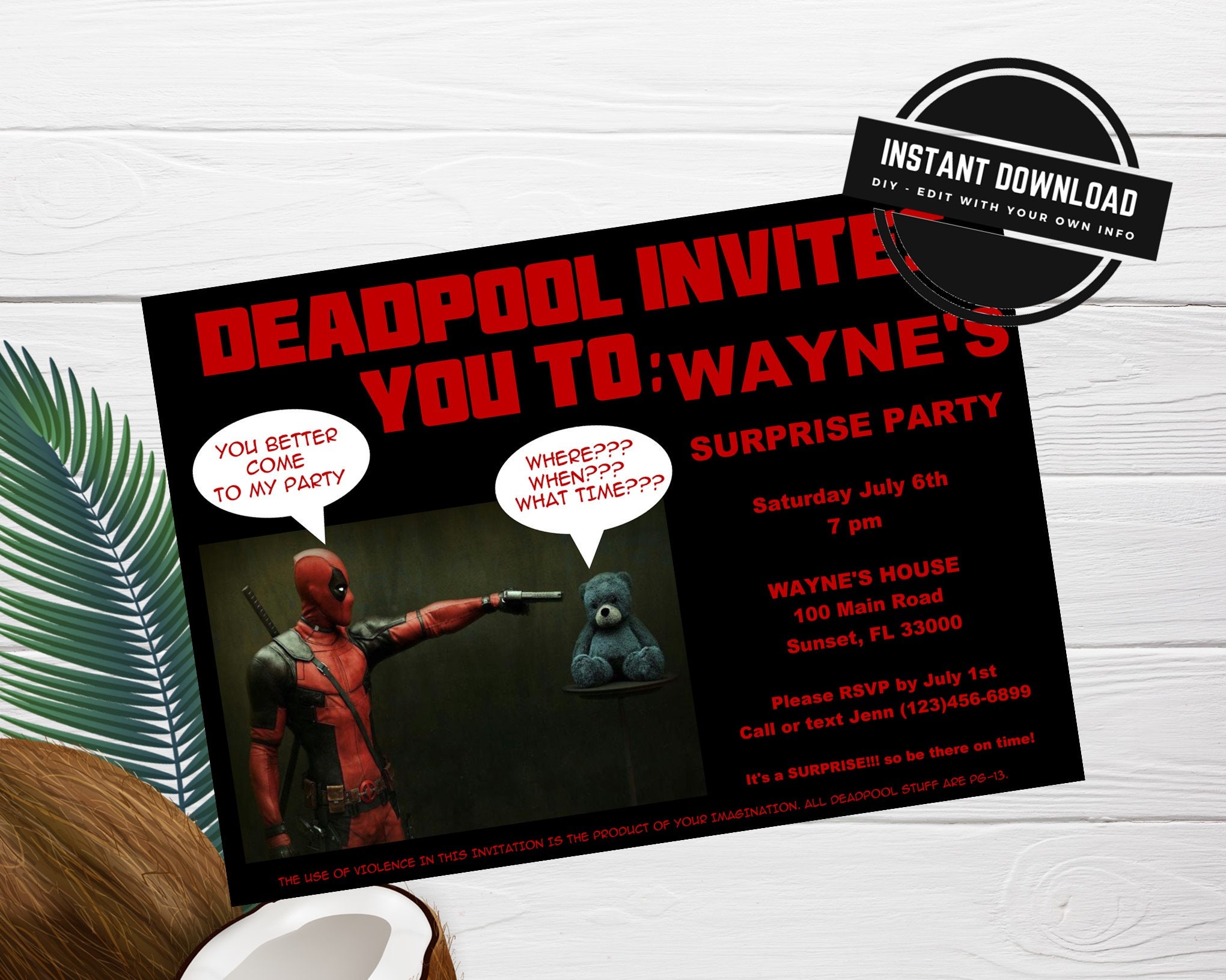 Deadpool Birthday Party Invitation Editable Instant Digital | Etsy