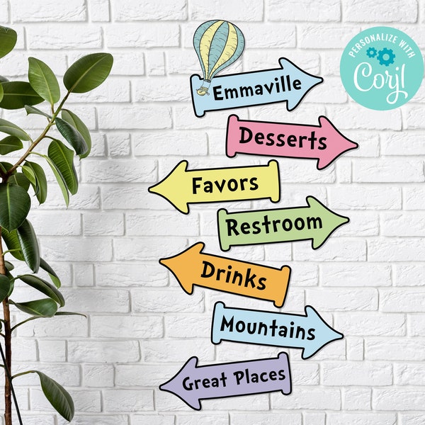 Directional Arrows Sign Digital - Hot Air Balloon Editable Street Signs - Colorful Arrows Birthday, Baby Shower, Classroom, Graduation