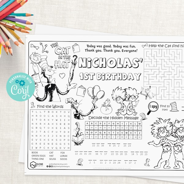 Cat Hat Things Coloring Page Ideal for Teachers, Birthday Party favors, Restaurants, Events. Cat Hat Activity Sheet. Cat Hat Placemat