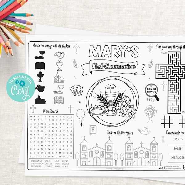 First Communion Activity Sheet. First Communion Coloring Page. First Communion Placemat.