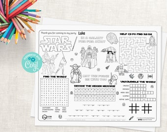 Star Wars Activity Sheet. Star Wars Coloring Page. Star Wars Birthday Party favors. Star Wars placemat coloring sheet