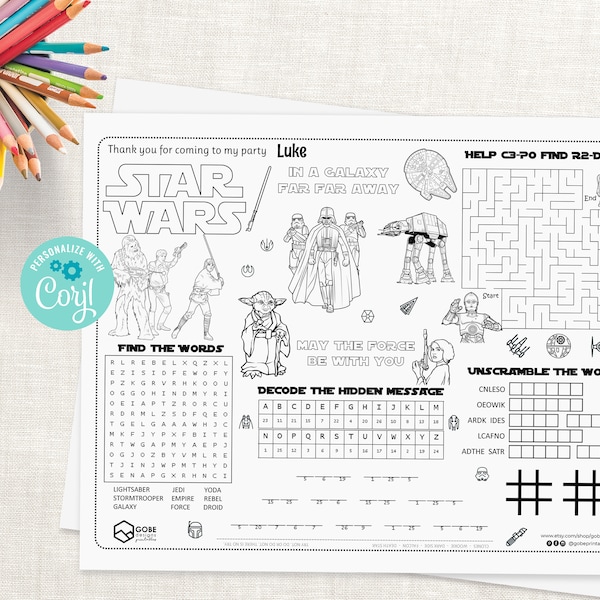 Star Wars Activity Sheet. Star Wars Coloring Page. Star Wars Birthday Party favors. Star Wars placemat coloring sheet