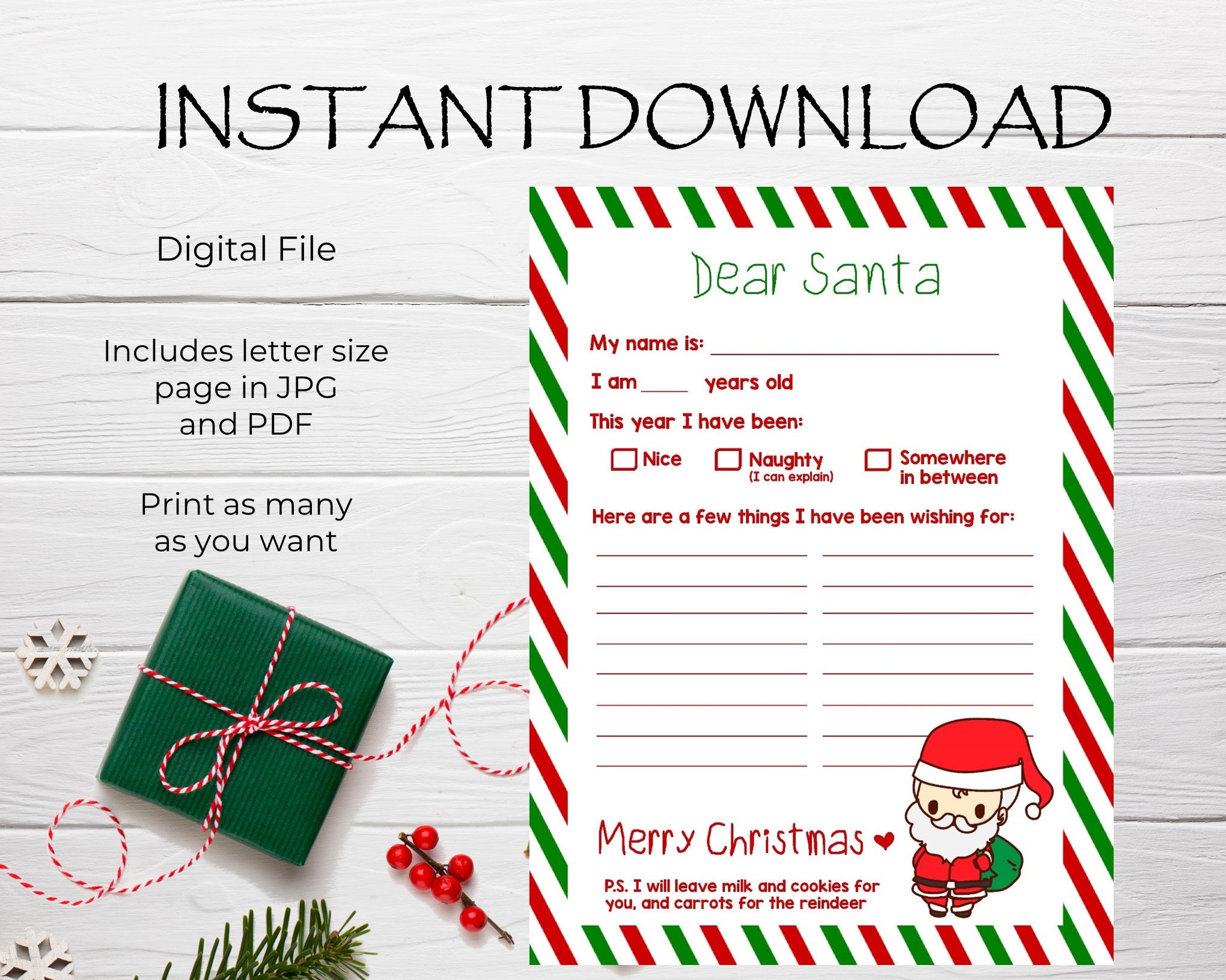 Dear Santa Letter Christmas Wish List Printable Christmas | Etsy