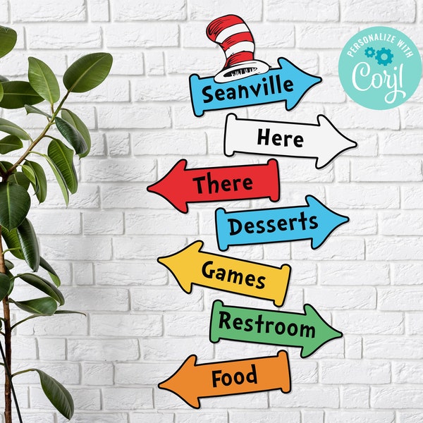 Directional Arrows Sign Digital Download - Cat Hat Editable Street Signs - Colorful Arrows Birthday, Baby Shower, Classroom, Graduation