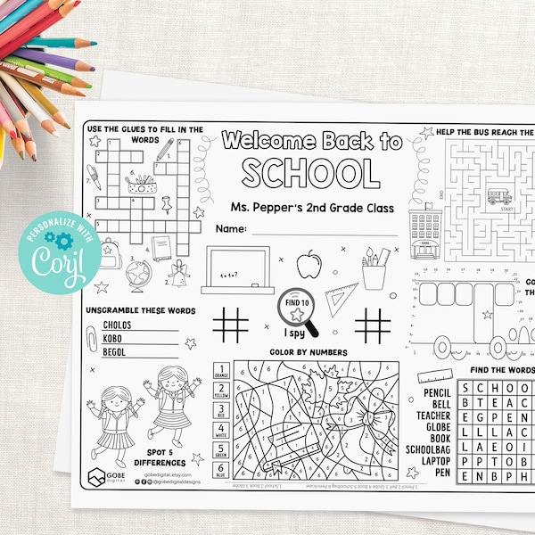 Back to School Activity Sheet. 1st Day of School Placemat. First Day of School Coloring Page.