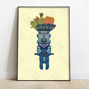 May include: A blue tiki statue with a purple face and a large headdress holding a basket of fruit on its head. The fruit includes a pineapple, grapes, a red apple, and two orange pumpkins. The background is a light yellow color.