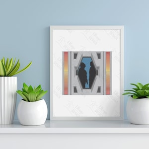 Peut inclure: Une impression encadrée d'une illustration minimaliste de deux silhouettes debout dans une porte. La porte est encadrée d'un motif géométrique avec des accents orange, rouge et jaune.