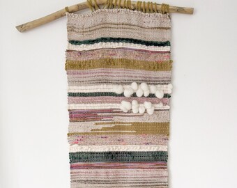 Natalie / Woven wall hanging / Abstract / Textile art / Fibre art / SAORI / Saori weaving / Handwoven / Gold / Green / Taupe