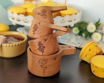Wooden measuring cups, Baking gifts, Creative personalized gifts, Laser engraved, Wildflowers,