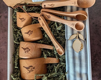 Engraved Beechwood Measuring Cup and Spoon Set, Housewarming Gift Box