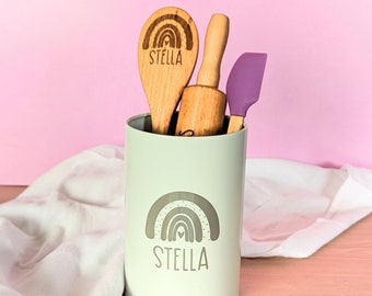 Kids baking gift set, Utensil holder, Personalized baking gifts, Rainbow, Granddaughter gifts, Niece gift from aunt,