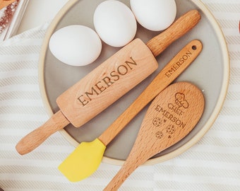 Wooden kitchen toys, Kids rolling pin, Personalized spatula, Gift for grandson, Granddaughter gift,
