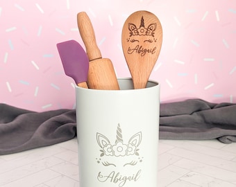 Wooden kitchen toys, Unicorn gifts for little girls, Personalized spatula, Kids rolling pin, Granddaughter gift, Niece gift from aunt,