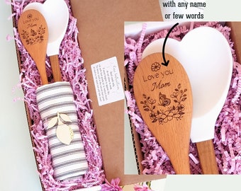 Mom birthday gift box from daughter, Butterfly Baking gifts, Personalized Wooden spoon, spatula set,