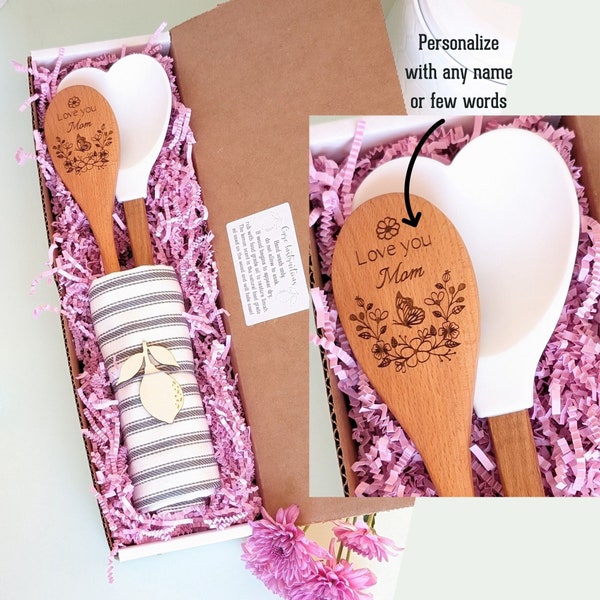 Mothers day gift box, Personalized gifts for mom, Mothers day gift from daughter, Butterfly, Baking gifts, Wooden spoon,