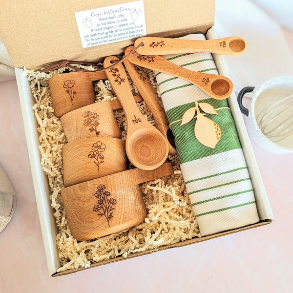 Baking box, Wood measuring cups, Measuring spoons, Baking gifts, Gifts for bakers, Gifts for best friend female,