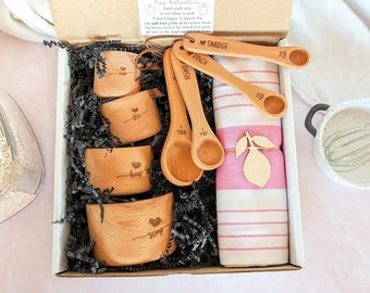 Housewarming gift basket, New home gift box, Wooden measuring cups, measuring spoons, Baking gifts, Cooking gift for women,