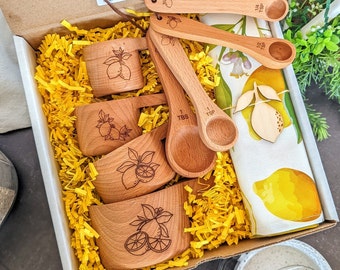 Baking box, Lemon, Wooden measuring cups, Wood measuring spoons, Cheer up gift, Sister in law gift,