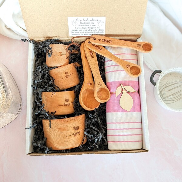 Housewarming gift basket, New home gift box, Wooden measuring cups, measuring spoons, Baking gifts, Cooking gift for women,