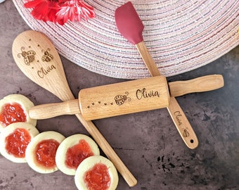 Wooden kitchen toys, Personalized spatula, Kids rolling pin, Baking gifts, Ladybug, Niece gift from aunt, Granddaughter gift,