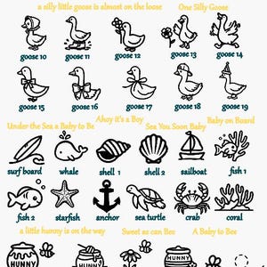Pu&ograve; includere: Una collezione di icone in linea nera intitolata Baby Shower Icons Page 3, che presenta oche, elementi nautici come una balena, conchiglia, barca a vela, pesce, stella marina, ancora, tartaruga marina, granchio, corallo e icone a tema miele con api e vasetti.