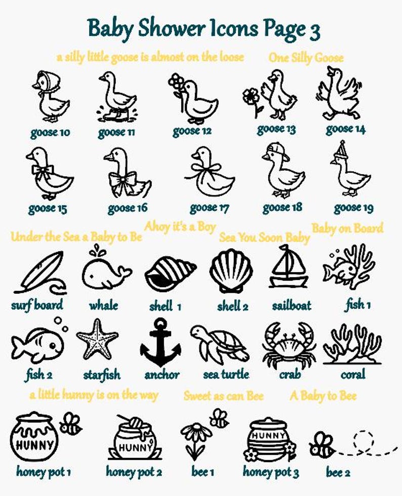 Pu&ograve; includere: Una collezione di icone in linea nera intitolata Baby Shower Icons Page 3, che presenta oche, elementi nautici come una balena, conchiglia, barca a vela, pesce, stella marina, ancora, tartaruga marina, granchio, corallo e icone a tema miele con api e vasetti.