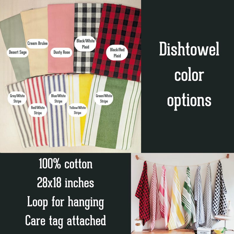 May include: A set of 10 dish towels in various colors and patterns, including red, white, blue, green, yellow, black, and cream. The towels are made of 100% cotton and measure 28x18 inches. Each towel has a loop for hanging and a care tag attached.